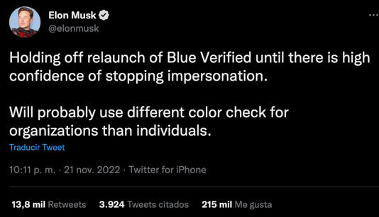 Elon Musk anunció una nueva suspensión de la verificación pagada en Twitter