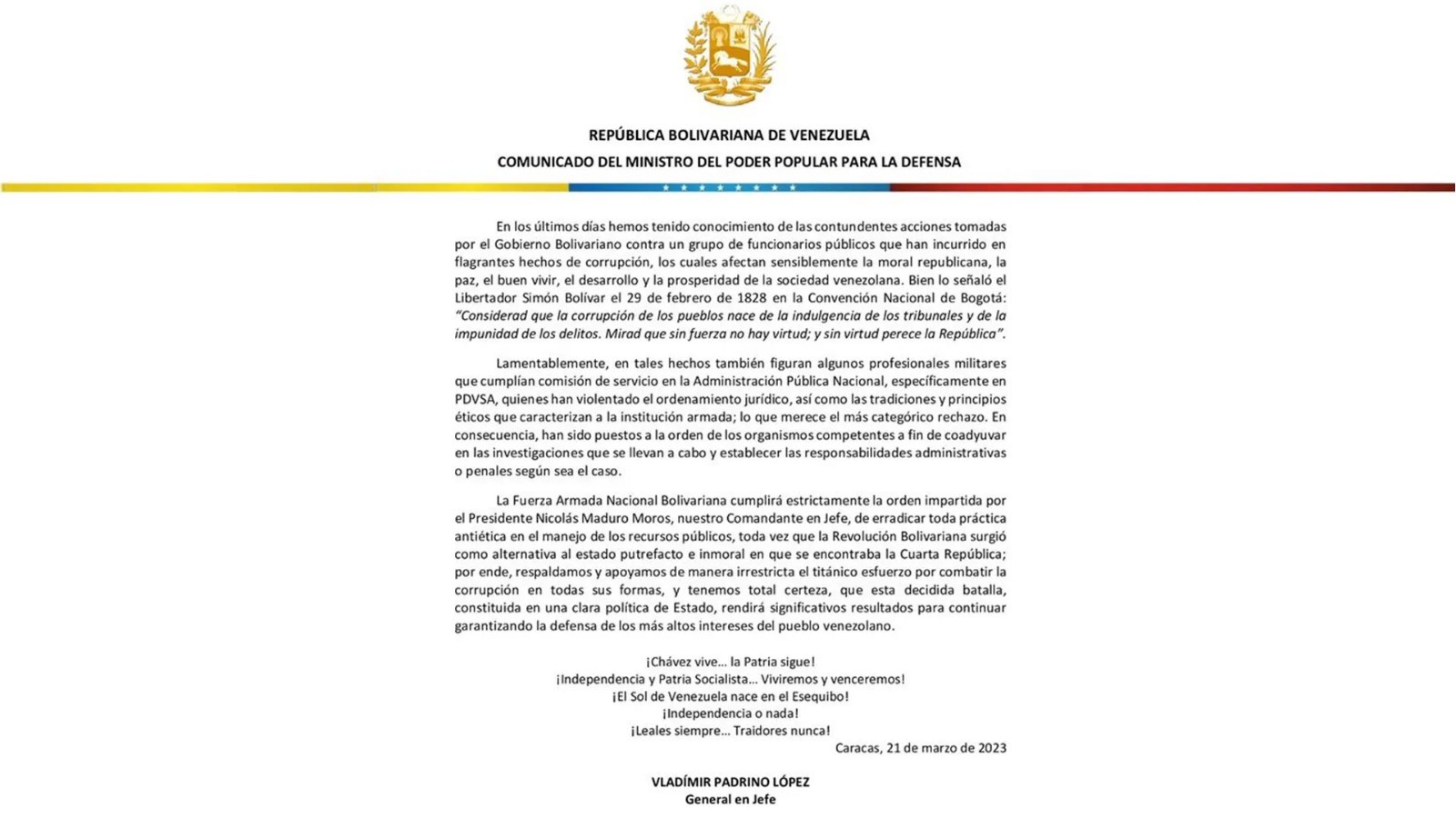 FANB respalda al Ejecutivo Nacional en la lucha contra la corrupción