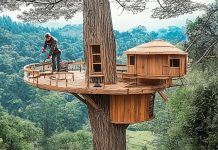 Hombre construye desde cero una casa en el árbol en medio del bosque utilizando solo madera y acero, con estructura, escalera y acabados propios