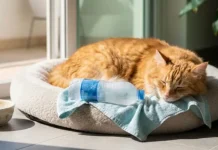 Poner una botella congelada cerca de la cama del gato: este truco ayuda a prevenir el ëstrés térmico y mejora el descanso durante los días más calurosos