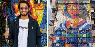 Artista venezolano crea el mural de tapas recicladas más alto del mundo: Autor de la obra de trece metros “La Gioconda Salvadoreña” (+ Fotos)