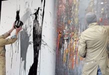 Artista sorprende en redes al crear una obra sin pincel y con técnica de salpicaduras que termina en una ciudad nocturna (+ Video)