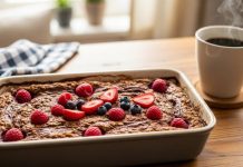 Avena horneada con cacao y frutos rojos: un desayuno nutritivo y lleno de sabor que se puede comer tibio o frío