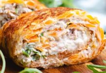 Enrollado de atún, aguacate, queso crema y yogur: preparado con una masa con zanahoria rallada y sin horno