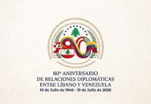 Líbano y Venezuela conmemoran 80 años de relaciones bilaterales con un mensaje de solidaridad ante la contingenciâ nacional